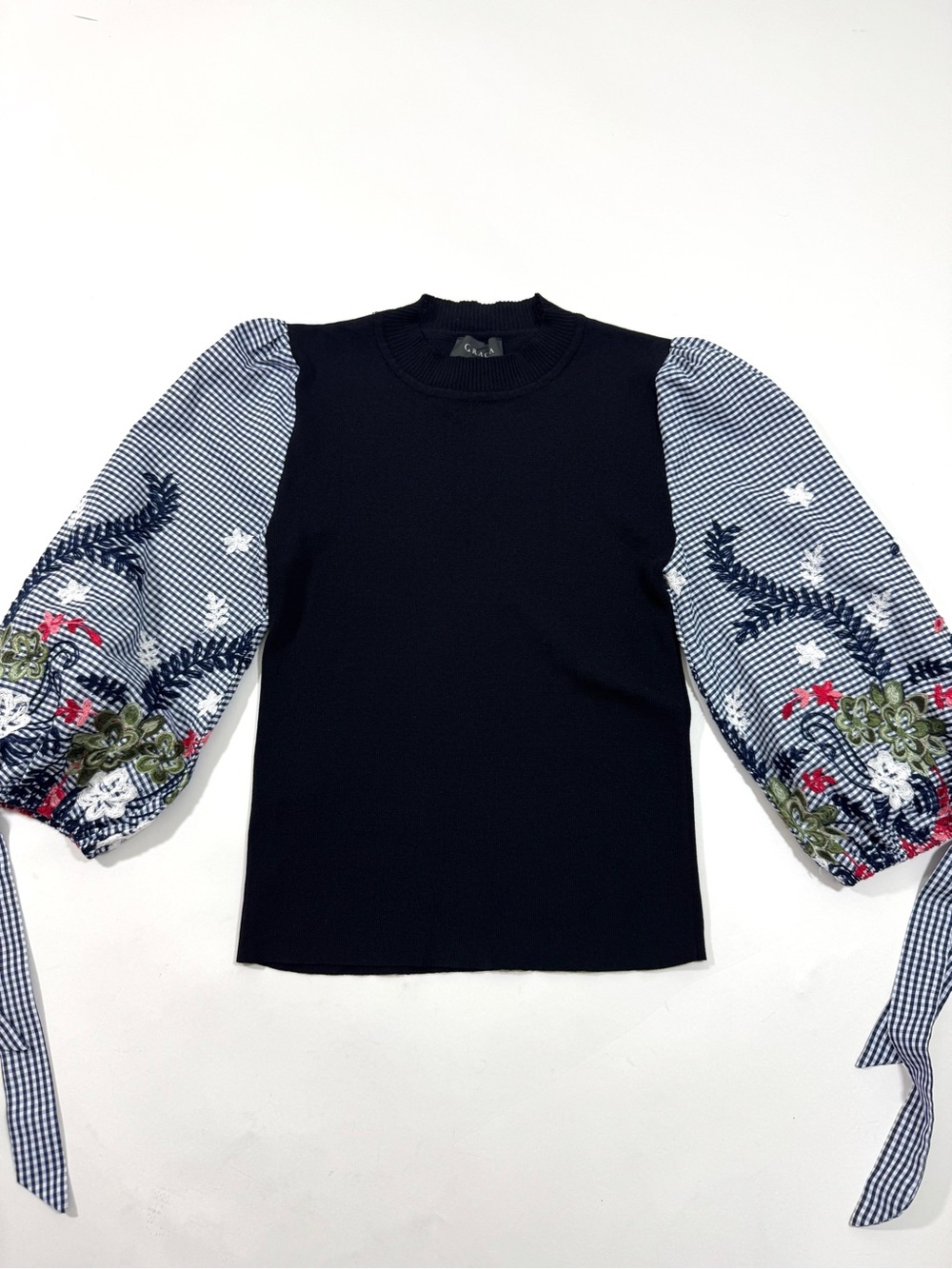Gracia Black Knit Top Blue Gingham Embroidered
